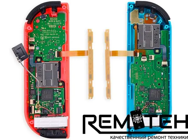 Разобранные Nintendo Joy-Con с кнопочными платами, мембранами и шлейфами