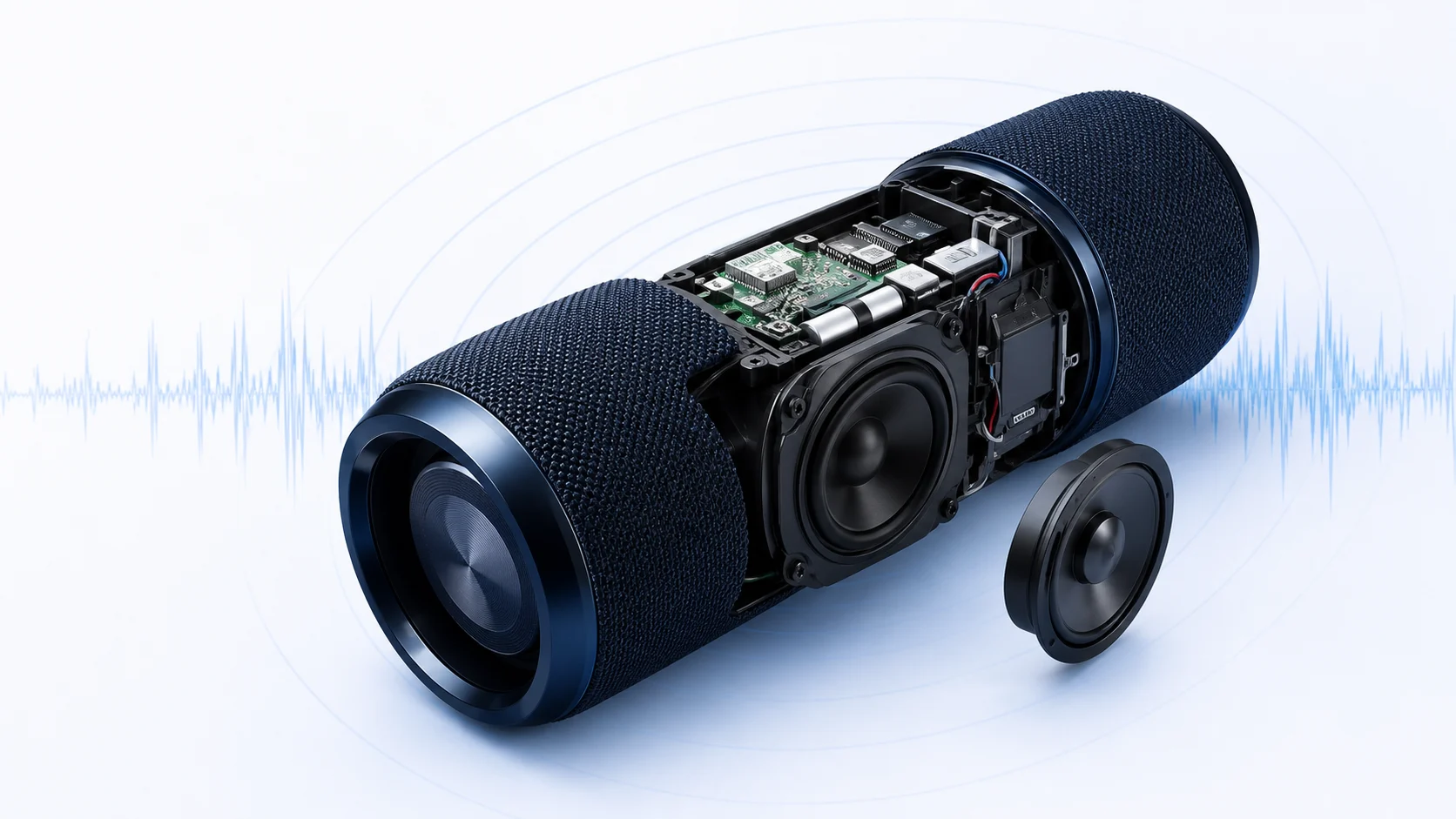 Разобранная Bluetooth-колонка: динамики, аккумулятор и плата управления