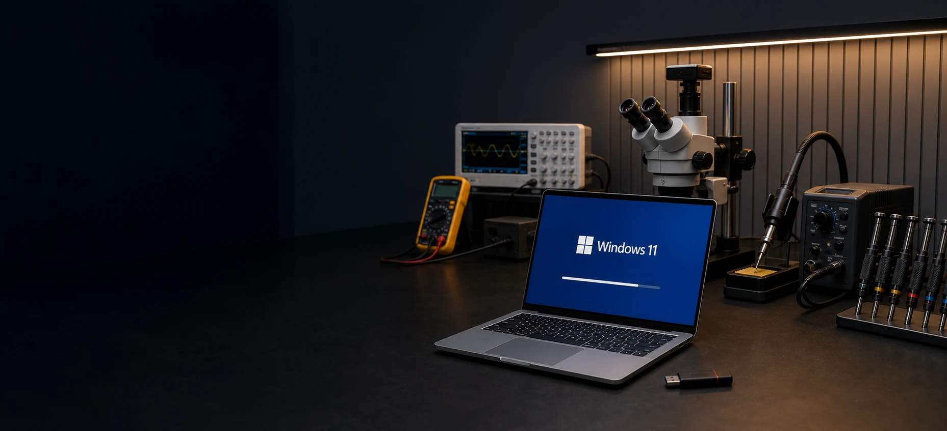 Рабочее место сервисного центра: ноутбук с установкой Windows 11, небольшая загрузочная USB-флешка, осциллограф, мультиметр, микроскоп, паяльная станция и отвёртки реалистичного размера
